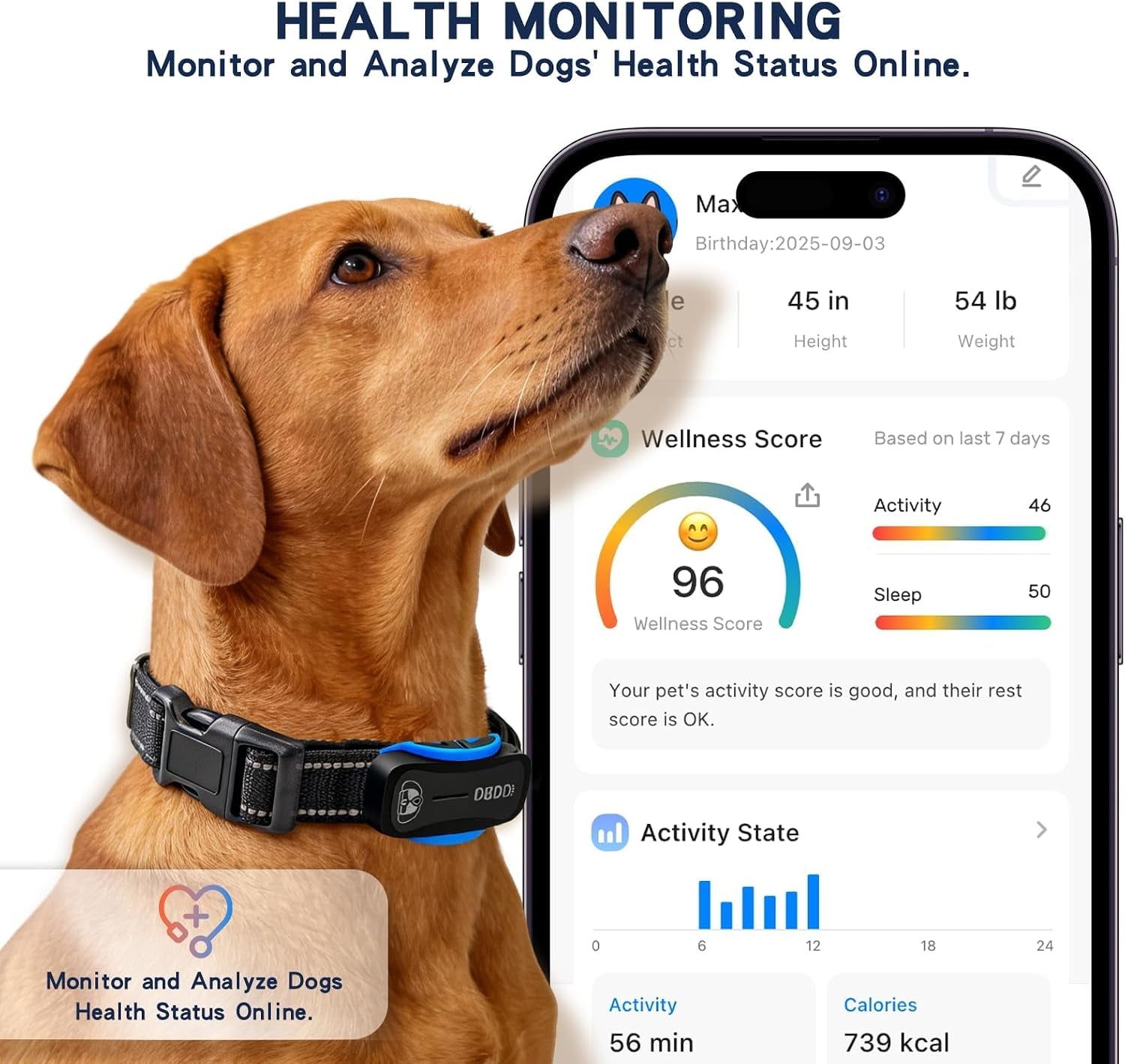 AI GPS Tracker for Dogs (40Lbs+), Real Time Location and AI Vet Health Management, Electronic Fence, Waterproof, Ios and Android Universal（Black）
